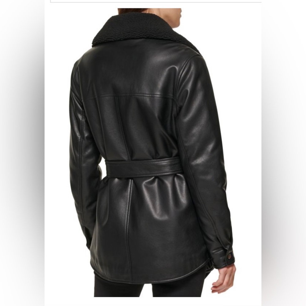 Kenneth Cole- Faux Leather & Sherpa Belted Shirt Jacket - Picture 10 of 10